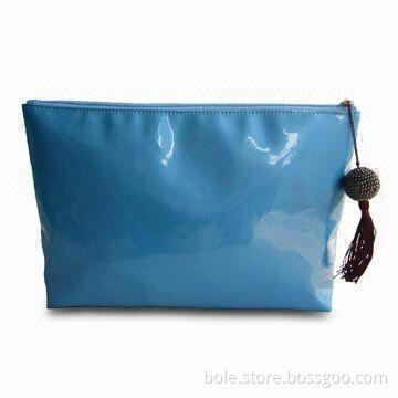 PVC Cosmetic Bags in Pearlized Vinyl, with Bead Pendant and Fringe Decoration